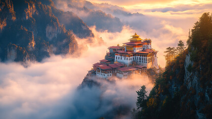 Obraz premium Majestic mountaintop monastery in misty sunrise landscape scenic view sky fog asia high rocks trees