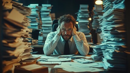 Overwhelmed office worker surrounded by paperwork corporate environment emotional struggle