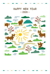 梅と山とお馬の年賀状テンプレート