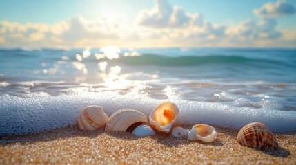 A sun-drenched beach, where golden sand met azure waves, revealing a scattering of pearly seashells, offering a tranquil backdrop for text or design, ready to capture the essence of summer.