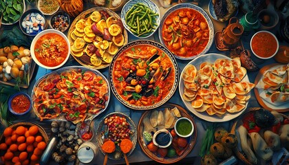 Fototapeta premium Worms-eye view, vibrant culinary street market, utopian essence, vivid colors, exotic dishes, joyful interactions, an explosion of flavors