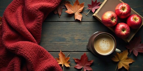 Autumnal Cozy Scene Warm Beverage, Knitted Textile, and Crisp Apples Beside Autumn Leaves on Rustic Wooden Surface