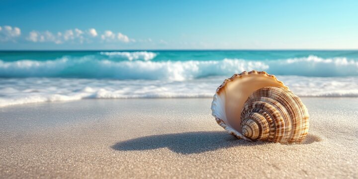 Coastal shell resting on sandy shore by the ocean waves
