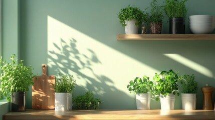 Fototapeta premium Sunlit Kitchen Still Life With Herbs On Shelves.