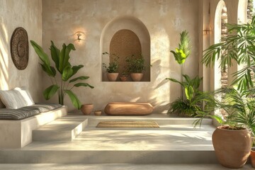 A 3D interior view of a rustic loft with modern furnishings, including a concrete floor, clay wall accents, and green plants, illuminated by natural sunlight.