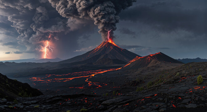 Dramatic volcanic landscape with lava flowing from volcano mountain eruption with billowing smoke clouds