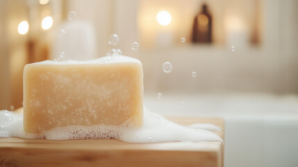 Soap in spa bathroom: This image shows a bar of soap placed in spa bathroom surrounded by bubbles, creating a feeling of a relaxing and luxurious self-care routine.