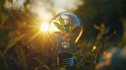 Bulb with sunlight and green leaves inside. Eco green sustainable and renewable energy for better future to celebrate World Environment Day on June 5