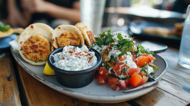 Delicious falafel pitas with tzatziki sauce and fresh tomato salad food meal herb greek lunch tasty