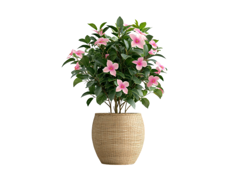 scalloped rattan pot with mandevilla plant