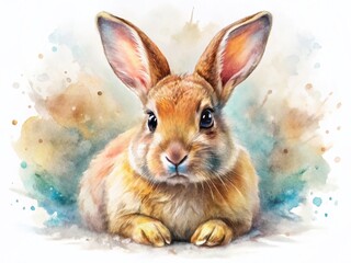 Fototapeta premium Aerial View Watercolor Painting Mini Rex Rabbit, White Background, Fluffy Pet