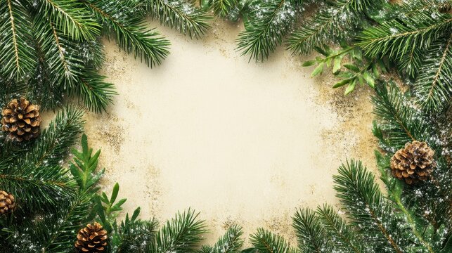 A rustic frame of evergreen pine fronds, adorned with glistening snowflakes, encircles a blank, white card, ready for your heartfelt message of Christmas cheer or holiday warmth.