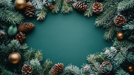 A vintage-style flat lay and top-view Christmas background or holiday postcard, featuring a wooden green backdrop adorned with frosted evergreen branches, pine cones, festive ornaments, and fragrant