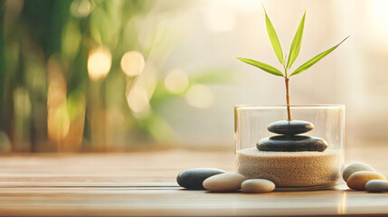 Obraz premium A small glass bowl filled with sand, smooth stacked stones, and a delicate green bamboo sprout symbolizes balance, growth, and tranquility in a peaceful setting.