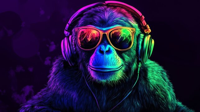 Neon Portrait, Funky Monkey DJ A Vibrant Primate with Headphones and Sunglasses Enjoys the Music