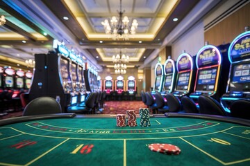 Luxury casino with slot machines and poker table in neon lights