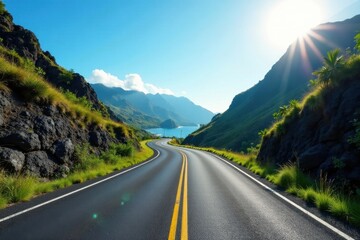 Asphalt ribbon unwinding through a scenic coastal mountain pass, bathed in the golden sunlight of a summer's day, offering a breathtaking panorama of tranquil waters and verdant slopes
