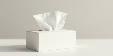 A pristine white tissue box, elegantly positioned on a smooth surface, presents a single tissue delicately folded, ready for use, showcasing its soft texture and simple design.
