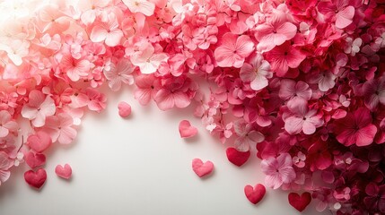 Fototapeta premium A symphony of love unfolds against a pristine white canvas. Heart-shaped flowers, their vibrant hues echoing the warmth of the Valentine is Day theme, cascade down the frame, creating a romantic