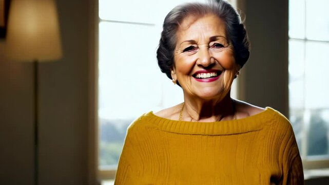 Happy, face and elderly caucasian woman in yellow sweater on sofa to relax at home or grandma laughing with happiness and freedom in retirement. Portrait, elderly man and smile in living room, home or