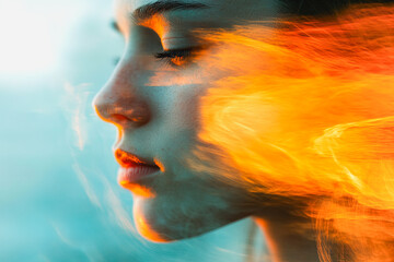 Woman's serene profile illuminated by vibrant flames at sunset