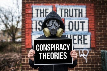 Mysterious person in gas mask holding conspiracy theories sign in front of graffiti wall

