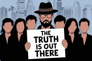 Naklejka premium Mysterious man in hat and glasses holding “The Truth is Out There” sign, with faceless crowd and city skyline