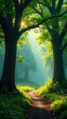 Naklejka premium Ancient trees, dappled light filtering through leaves, image, leaves, tranquil