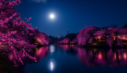 Magical night scene of a lake illuminated by glowing cherry blossoms, with a full moon casting silver light on the water’s calm surface 2