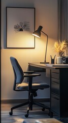 Serene Workspace with a Touch of Art: A minimalist workspace bathed in soft light creates a tranquil atmosphere, enhanced by artistic details and functional design. A desk, chair, lamp.