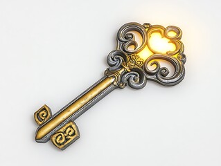 Silver and gold dual-tone key with ornate designs, glowing on white