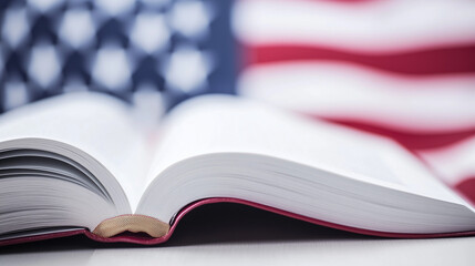 "The Constitution: An open book lies before the American flag, representing the foundational principles of the United States. The patriotic scene evokes themes of democracy and civic duty.