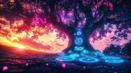 Fototapeta premium Vibrant forest with blockchain-like trees glowing under a breathtaking sunset