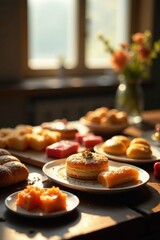 Golden Hour Pastry Delights A Table Set with Sweet Treats, Including Delicate Cakes, and Other Baked Goods, Bathed in Warm Sunlight