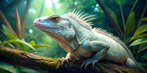 Obraz premium Albino Iguana on Branch, Tropical Rainforest, Exotic Reptile, Wildlife Photography, Nature Stock Photo