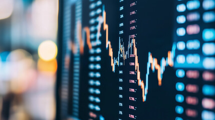 Stock Market Trends Displayed: A close-up shot of a computer monitor displays dynamic stock market trends, with vibrant data lines and numerical values hinting at financial activity.