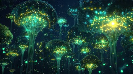 Fototapeta premium Bioluminescent forest at midnight with blockchain trees glowing in neon green and blue shades