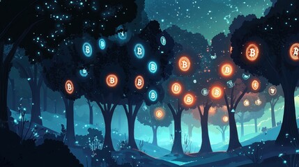 Magical twilight forest with blockchain trees and glowing cryptocurrency symbols in the leaves