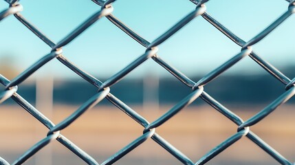 Fototapeta premium A close-up view of a chain-link fence with a blurred background, emphasizing the metallic texture and interwoven pattern of the wires.