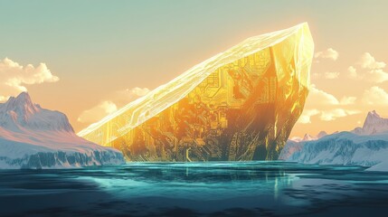 Bitcoin iceberg drifting through arctic landscape with golden exterior and blockchain patterns below