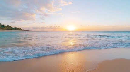 Obraz premium Breathtaking sunrise over tranquil ocean waves and sandy beach, serene start to the day.