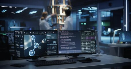 Desktop Computer Screen with a Molecular Modelling Software Running a DNA Test. Application Working on Biological Models and Showing a Complex Data and Software Source Code on Display - Powered by Adobe