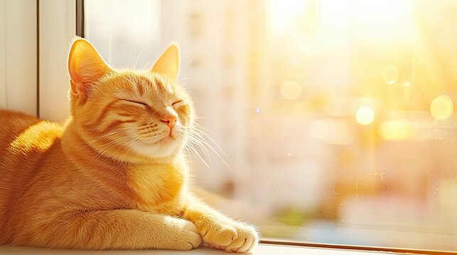 A happy orange cat relaxing by the window, enjoying the warm sunlight.