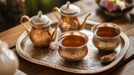 Traditional serving of tea presented in ornate metal vessels and tray