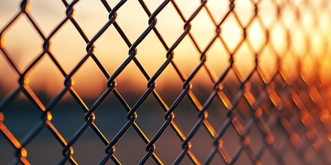 Fototapeta premium A detailed close-up of a chain-link fence glowing in the warm light of sunset, showcasing intricate patterns and textures.