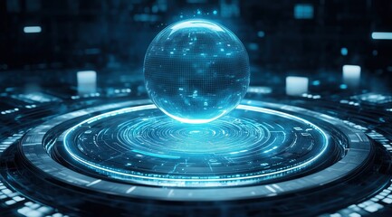 Glowing Blue Holographic Digital Egg on a Circular Futuristic Interface with Tech Elements, AI Technology Concept Background