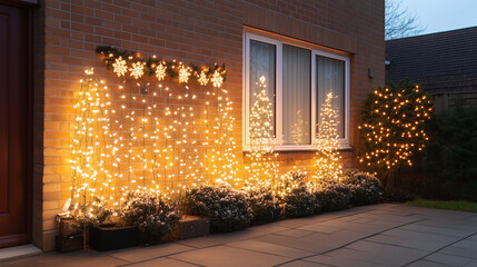 Festive Glow: Christmas lights illuminate a house facade, creating a warm and inviting ambiance.