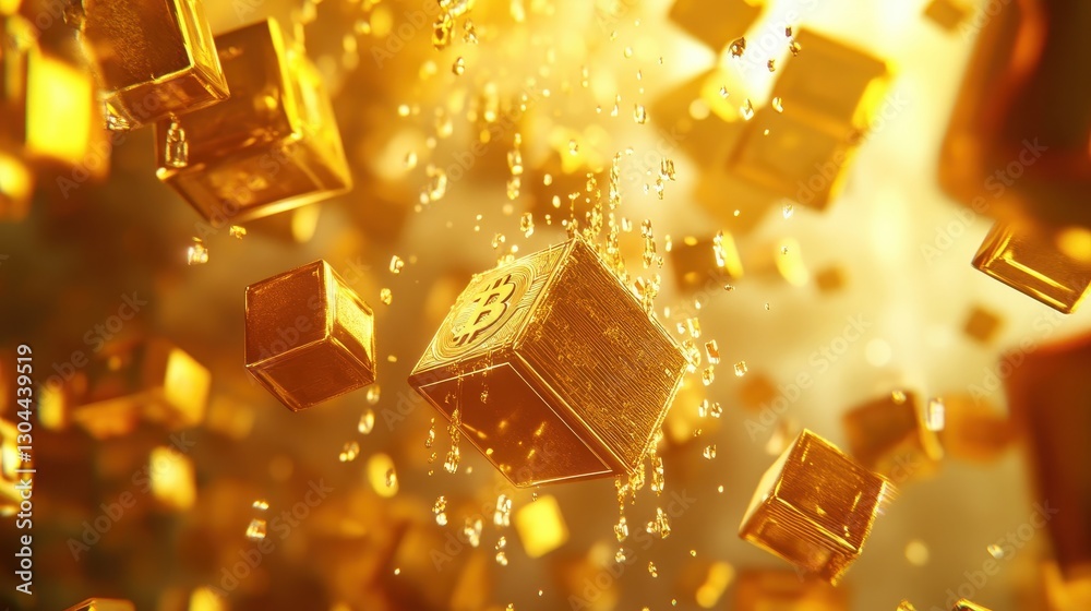 Wall mural bitcoin coin dissolves into golden cubes symbolizing the fragility of cryptocurrency investments in 