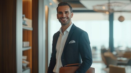 smiling salesman in a suit, standing confidently with a briefcase on a modern office background