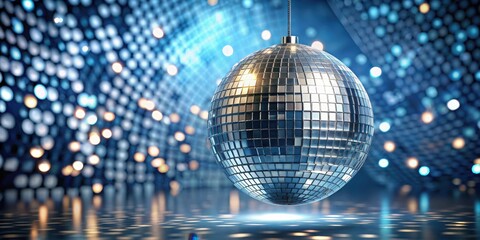 Obraz premium Glittering disco ball suspended above a sleek, metallic mirror surface , ornate, party, ornate